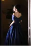 Vintage / Retro Royal Blue Prom Dresses 2025 Ball Gown Off-The-Shoulder Short Sleeve Backless Floor-Length / Long Prom Formal Dresses