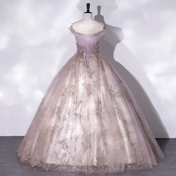 Elegant Blushing Pink Beading Sequins Prom Dresses 2022 Ball Gown Scoop Neck Sleeveless Backless Floor-Length / Long Formal Dresses