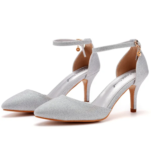 Bling Bling Gold Pailletten Abend Damenschuhe 2024 Knöchelriemen 7 cm Stilettos Spitzschuh Sandaletten Hochhackige