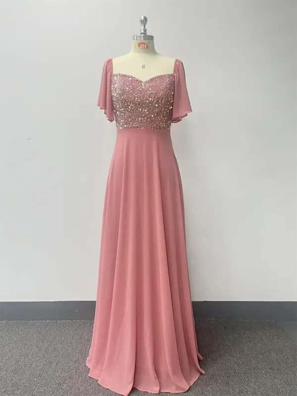 Chic / Beautiful Blushing Pink Sequins Chiffon Prom Dresses 2024 A-Line / Princess Square Neckline Short Sleeve Backless Floor-Length / Long Prom Formal Dresses