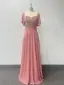 Chic / Beautiful Blushing Pink Sequins Chiffon Prom Dresses 2024 A-Line / Princess Square Neckline Short Sleeve Backless Floor-Length / Long Prom Formal Dresses