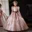 Elegant Blushing Pink Glitter Birthday Flower Girl Dresses 2024 Ball Gown Square Neckline Short Sleeve Bow Sash Floor-Length / Long