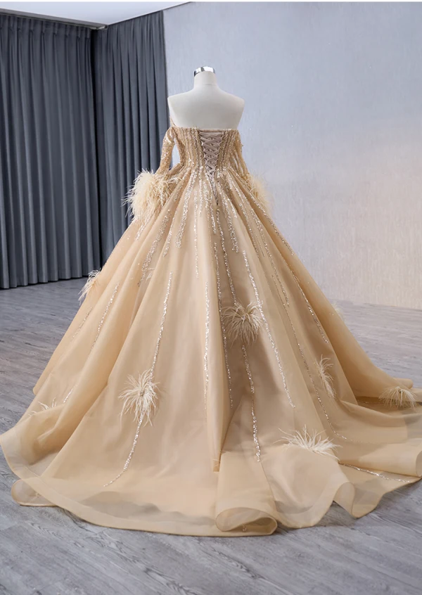 Luxury / Gorgeous Champagne Handmade  Beading Sequins Tassel Prom Dresses 2024 Ball Gown Strapless Short Sleeve Backless Court Train Prom Formal Dresses