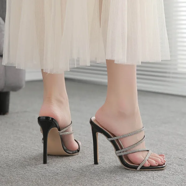 Charming Black Summer Evening Party Rhinestone Womens Sandals 2022 11 cm Stiletto Heels Open / Peep Toe Sandals High Heels