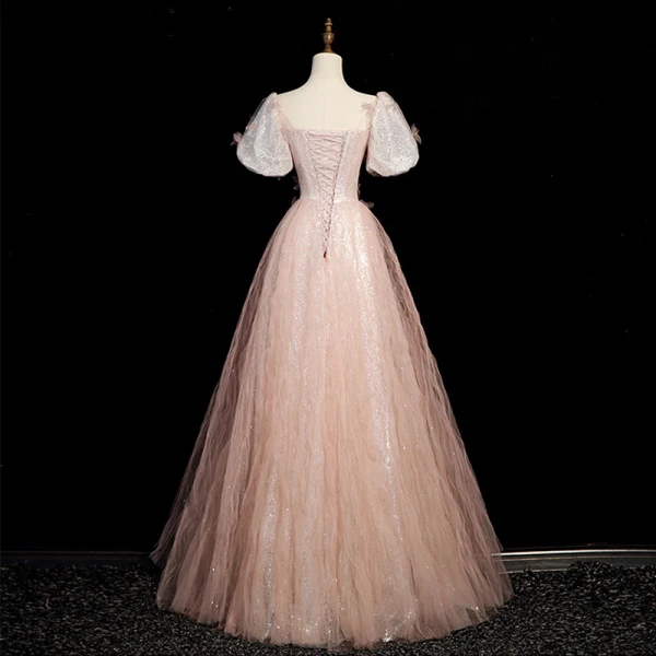 Charmant Rougissant Rose Paillettes Robe De Bal 2023 Princesse Encolure Carrée Manches Courtes Dos Nu Longue Robe De Ceremonie