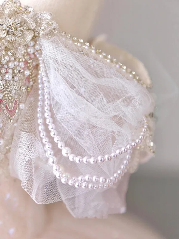 Charming Blushing Pink Beading Rhinestone Pearl Sequins Lace Flower Wedding Dresses 2024 Ball Gown Off-The-Shoulder Short Sleeve Backless Royal Train Wedding