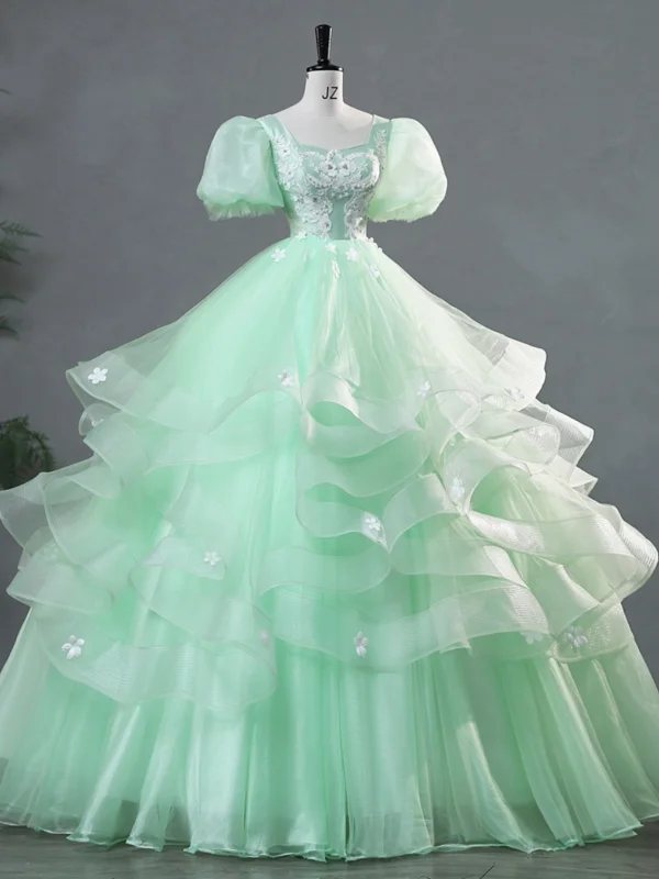 Elegant Sage Green Lace Flower Cascading Ruffles Prom Dresses 2024 Ball Gown Square Neckline Puffy Short Sleeve Backless Floor-Length / Long Prom Formal Dresses