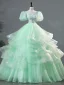 Elegant Sage Green Lace Flower Cascading Ruffles Prom Dresses 2024 Ball Gown Square Neckline Puffy Short Sleeve Backless Floor-Length / Long Prom Formal Dresses