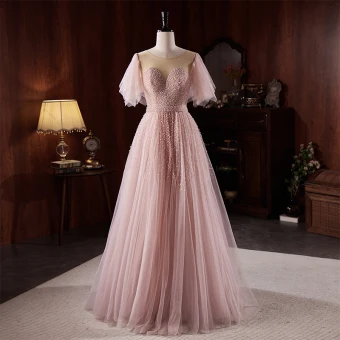 Charmant Rougissant Rose Perlage Paillettes Robe De Soirée 2023 Princesse Encolure Dégagée Manches Courtes Dos Nu Longue Soirée Robe De Ceremonie