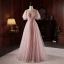 Charmant Rougissant Rose Perlage Paillettes Robe De Soirée 2023 Princesse Encolure Dégagée Manches Courtes Dos Nu Longue Soirée Robe De Ceremonie