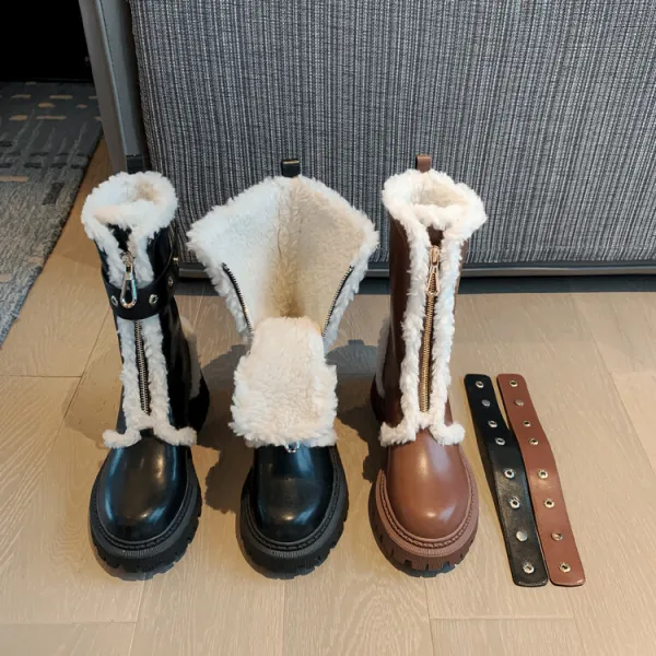 Comfortable Brown Winter Street Wear Womens Boots 2024 Leather 5 cm Block Heels Round Toe Boots
