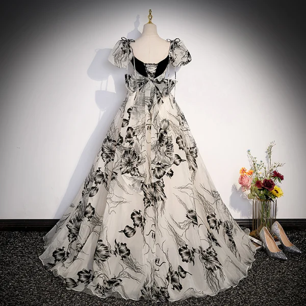 Chic / Beautiful Black Prom Dresses 2023 A-Line / Princess Square Neckline Puffy Short Sleeve Backless Bow Floor-Length / Long Prom Formal Dresses
