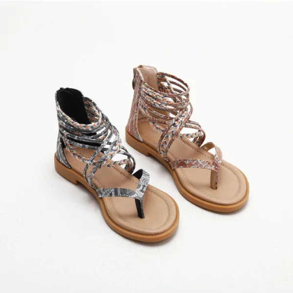 Bohême Ethnique Marron Plage Plate Sandales Femme 2022 Bride Cheville Peep Toes / Bout Ouvert Sandales