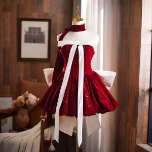 Sexy Bordeaux Glitter Courte Cocktail Robe De Fête 2025 Robe Boule Bustier Sans Manches Dos Nu Noeud Robe De Ceremonie