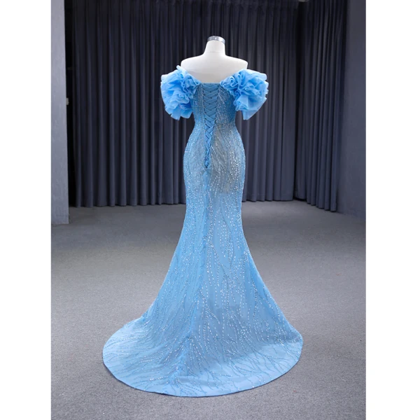 High-end Sparkly Sky Blue Glitter Sequins Prom Dresses 2023 Trumpet / Mermaid Off-The-Shoulder Ruffle Short Sleeve Backless Sweep Train Prom Formal Dresses