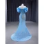 High-end Sparkly Sky Blue Glitter Sequins Prom Dresses 2023 Trumpet / Mermaid Off-The-Shoulder Ruffle Short Sleeve Backless Sweep Train Prom Formal Dresses