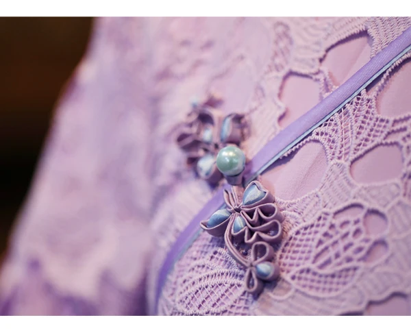 Vintage / Retro Chinese style Lavender Pearl Lace Flower Street Wear Tea-length Cheongsam 2024 Trumpet / Mermaid High Neck Short Sleeve