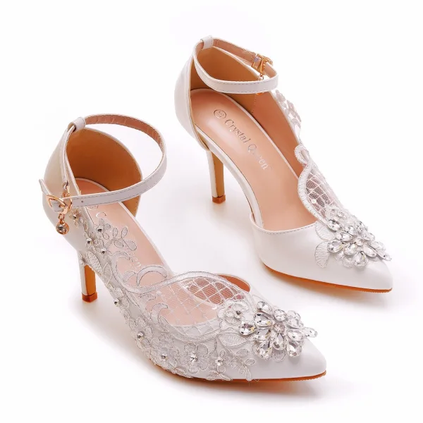 Élégant Blanche En Dentelle Fleur Faux Diamant Chaussure De Mariée 2023 8 cm Talons Aiguilles À Bout Pointu Mariage Talons Hauts