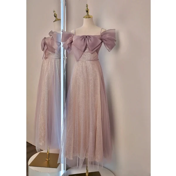 Chic / Beautiful Blushing Pink Glitter Bridesmaid Dresses 2023 A-Line / Princess Short Sleeve Backless Tea-length Bridesmaid Dresses