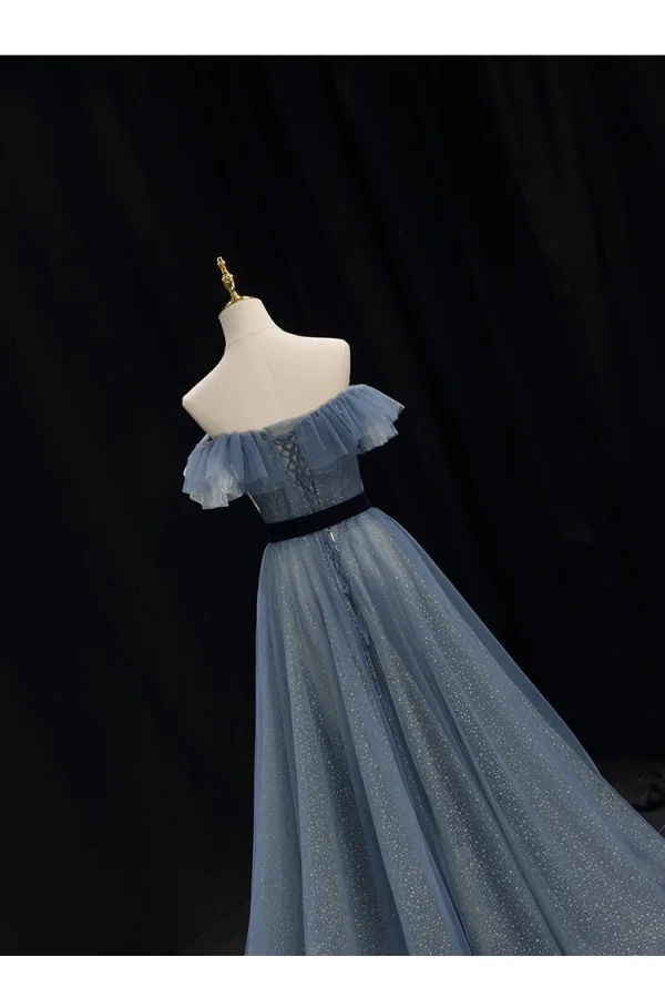 Chic / Beautiful Ocean Blue Glitter Bow Sash Prom Dresses 2025 A-Line / Princess Strapless Sleeveless Backless Floor-Length / Long Prom Formal Dresses