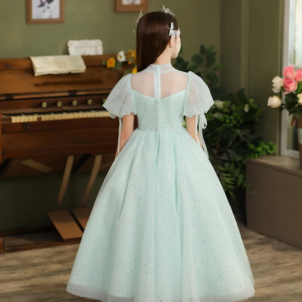 Chic / Belle Vert Cendré Paillettes Noeud Anniversaire Robe Ceremonie Fille 2024 Robe Boule Col Haut Gonflée Manches Courtes Longue