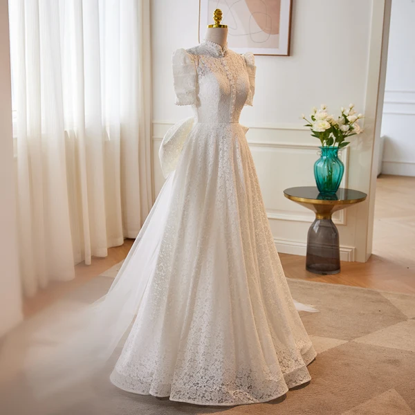 Elegant Chinese style White Pearl Lace Flower Wedding Dresses 2023 A-Line / Princess High Neck Puffy Short Sleeve Backless Bow Sweep Train Wedding