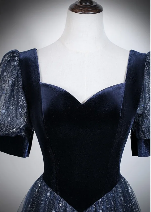 Vintage / Retro Navy Blue Sequins Prom Dresses 2026 A-Line / Princess Square Neckline Short Sleeve Backless