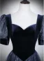 Vintage / Retro Navy Blue Sequins Prom Dresses 2026 A-Line / Princess Square Neckline Short Sleeve Backless