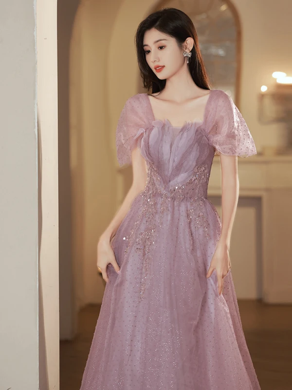 Charmant Violet Perlage Paillettes Robe De Soirée 2023 Princesse Bretelles Spaghetti Manches Courtes Dos Nu Longue Soirée Robe De Ceremonie