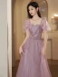 Charmant Violet Perlage Paillettes Robe De Soirée 2023 Princesse Bretelles Spaghetti Manches Courtes Dos Nu Longue Soirée Robe De Ceremonie