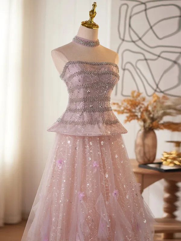 Luxury / Gorgeous Sparkly Blushing Pink Beading Rhinestone Sequins Prom Dresses 2026 A-Line / Princess Strapless Sleeveless Backless Floor-Length / Long Formal Dresses