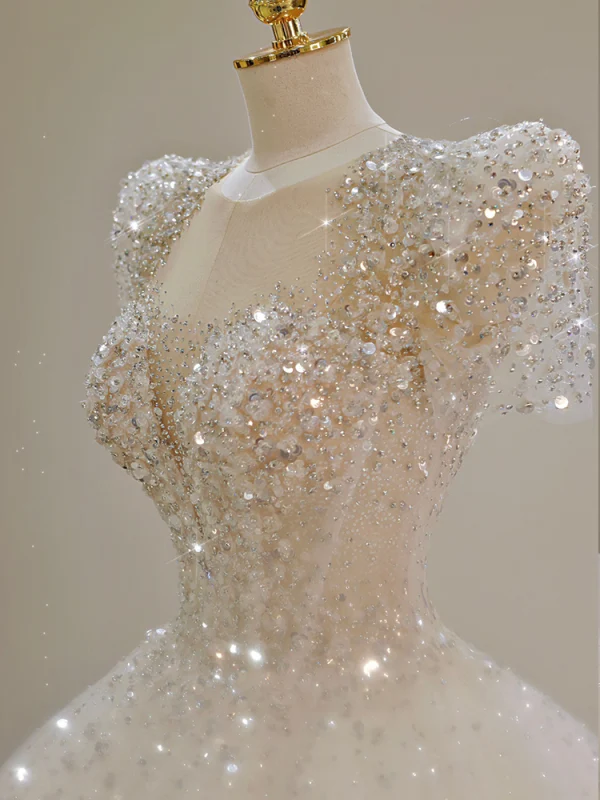 Charming White Beading Sequins Court Train Wedding Dresses 2024 Ball Gown Scoop Neck Short Sleeve Backless Wedding