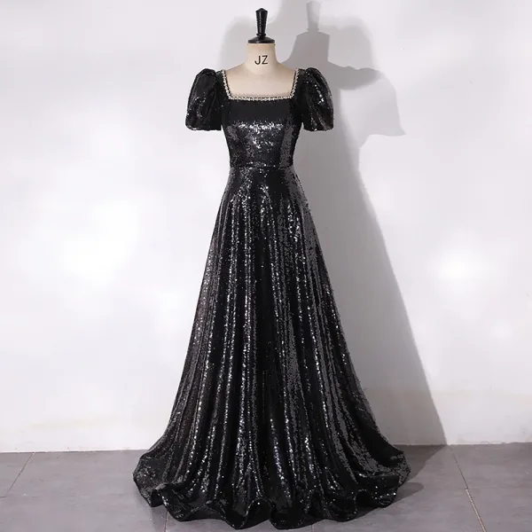Scintillantes Noire Paillettes Robe De Bal 2024 Princesse Encolure Carrée Manches Courtes Dos Nu Longue Promo Robe De Ceremonie