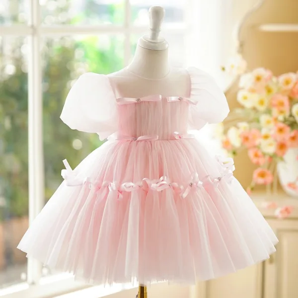 Chic / Beautiful Blushing Pink Bow Short Birthday Flower Girl Dresses 2024 Ball Gown Scoop Neck Puffy Short Sleeve Backless