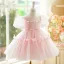 Chic / Beautiful Blushing Pink Bow Short Birthday Flower Girl Dresses 2024 Ball Gown Scoop Neck Puffy Short Sleeve Backless