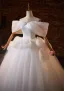 Elegant White Appliques Wedding Dresses 2025 Ball Gown Off-The-Shoulder Short Sleeve Backless Floor-Length / Long Wedding