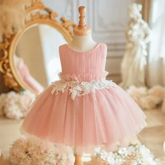 Élégant Rougissant Rose Perle En Dentelle Fleur Courte Anniversaire Robe Ceremonie Fille 2024 Robe Boule Encolure Dégagée Sans Manches Dos Nu Noeud Tulle