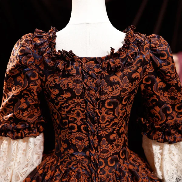 Medieval Vintage / Retro Brown Printing Prom Dresses 2025 Ball Gown Square Neckline Bell sleeves Backless Floor-Length / Long Prom Formal Dresses