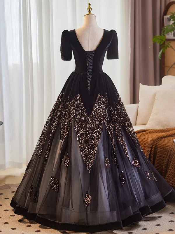 Elegante Schwarz Pailletten Ballkleider 2025 Ballkleid V-Ausschnitt Kurze Ärmel Rückenfreies Lange Ball Festliche Kleider