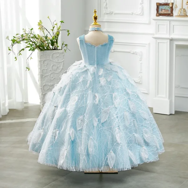 Classy Sky Blue Beading Rhinestone Sequins Birthday Flower Girl Dresses 2024 Ball Gown High Neck Sleeveless Floor-Length / Long Tulle