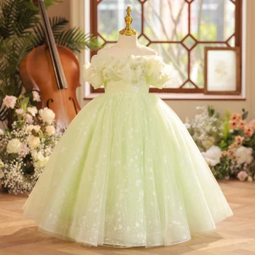 Chic Belle Vert Cendré Paillettes Anniversaire Robe Ceremonie Fille 2023 Robe Boule Volants De L Épaule Manches Courtes Dos Nu Longue