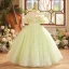 Chic / Beautiful Sage Green Sequins Birthday Flower Girl Dresses 2023 Ball Gown Ruffle Off-The-Shoulder Short Sleeve Backless Floor-Length / Long