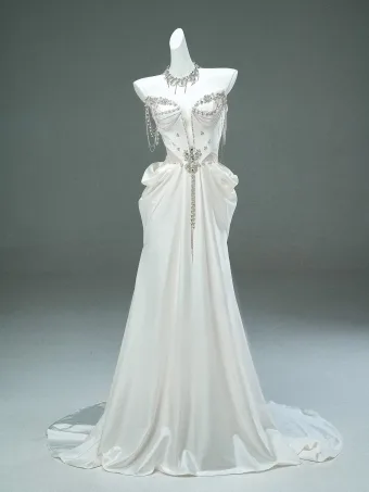 Haut De Gamme Charmant Blanche Perle Faux Diamant Robe De Mariée 2025 Trompette Sirène Bustier Sans Manches Dos Nu Tribunal Train
