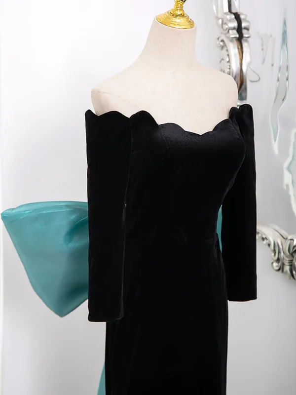 Élégant Noire Robe De Bal 2024 Trompette / Sirène De l'épaule 3/4 Manches Dos Nu Noeud Train De Balayage Promo Robe De Ceremonie