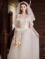 Elegant Modest / Simple White Appliques Wedding Dresses 2025 A-Line / Princess Off-The-Shoulder Sleeveless Backless Floor-Length / Long Wedding