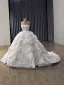 High-end Luxury / Gorgeous White Beading Pearl Rhinestone Ruffle Flower Wedding Dresses 2025 Ball Gown Strapless Sleeveless Backless Chapel Train