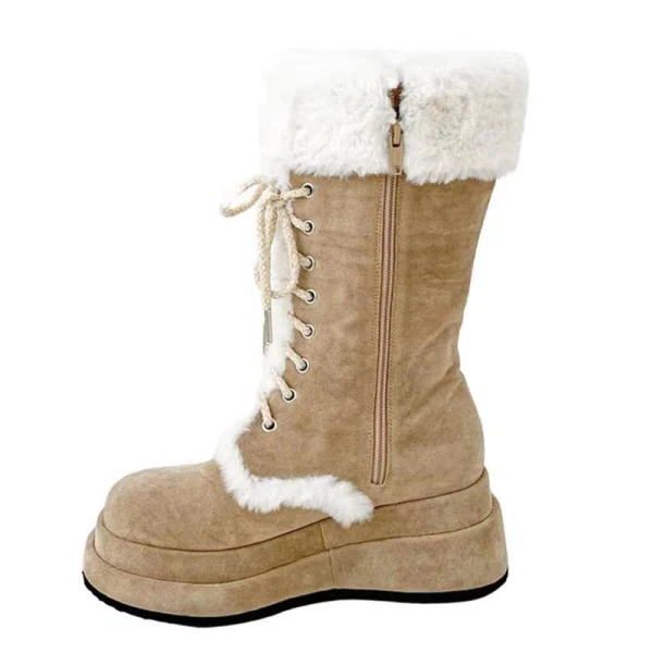 Vintage Tan Zamszowe Zużycie ulicy Płaskie Zima Snow Boots 2024 Okrągłe Toe Kozaki Damskie