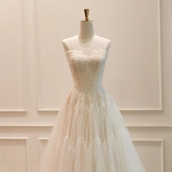 High-end Champagne Handmade Lace Flower Wedding Dresses 2026 A-Line / Princess Spaghetti Straps Sleeveless Backless Bow Floor-Length / Long Wedding