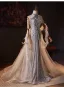 Sexy Scintillantes Argenté Perlage Faux Diamant Paillettes Robe De Soirée 2025 Trompette / Sirène Col Haut Sans Manches Dos Nu Train De Balayage Soirée Robe De Ceremonie