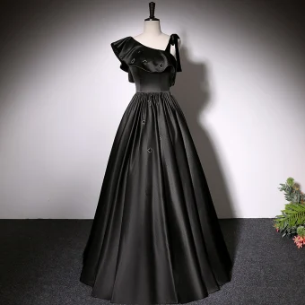 Mode Noire Satin Robe De Bal 2022 Princesse V Cou Sans Manches Dos Nu Longue Robe De Ceremonie